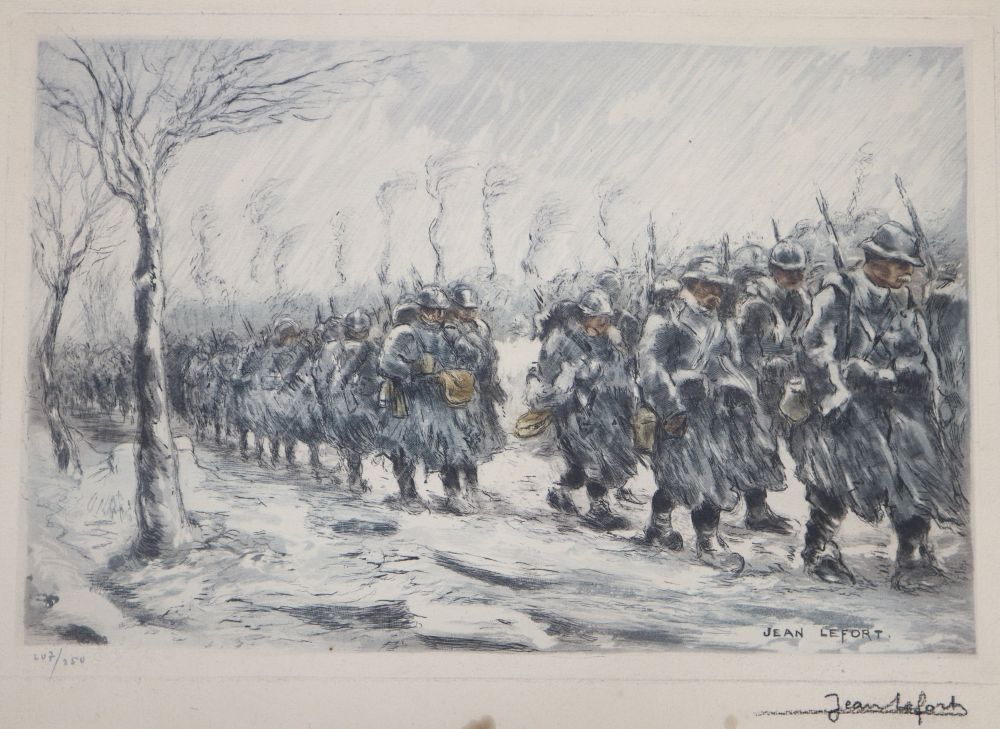 Jean Lefort, coloured etching, Troops in winter, signed, 207/250, 18 x 28cm, unframed